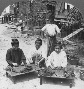 महिलाओं द्वारा धूम्रपान किए गए विशाल सिगार बनाना, बर्मा, 1908 द्वारा स्टीरियो यात्रा सह