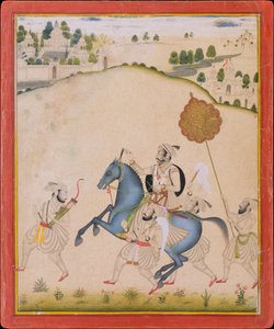 जोधपुर के घोड़े पर सवार महाराणा अमर सिंह द्वितीय, सी. 1700-1710। द्वारा स्टिपल मास्टर