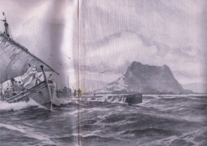 द इलस्ट्रेटेड हिस्ट्री ऑफ़ द वर्ल्ड वॉर 1914-1915 पब से डारडेनेल्स के रास्ते में जिब्राल्टर के जलडमरूमध्य से यात्रा करते हुए जर्मन पनडुब्बी। यूनियन बर्लागसेफेलफ्चाफ्ट द्वारा