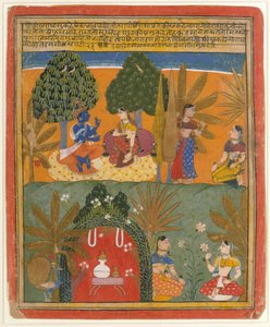 कृष्ण और राधा अपने विश्वासपात्रों के साथ: पृष्ठ एक बिखरी हुई गीता गोविंदा से, सीए। 1655-60। द्वारा मनोहर की शैली