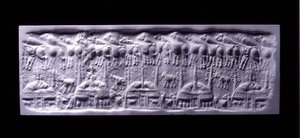 हैंडल्ड सिलेंडर सील इंप्रेशन, उरुक (अब वारका, इराक), c.3300-3000 ईसा पूर्व (प्लास्टर) द्वारा सुमेरियन सुमेरियन