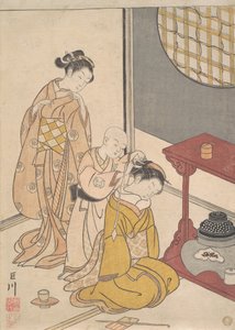 डबल-शेल्फ स्टैंड में रात की बारिश, c.1766 (वुडब्लॉक प्रिंट) द्वारा सुज़ुकी हरुनोबु