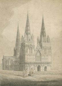 लिचफील्ड कैथेड्रल - वेस्ट फ्रंट: सीपिया ड्राइंग, एनडी [1782]