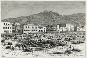 अदन (यमन) का मार्च। टेलर की नक्काशी, 1882-1883 में MGRevoil द्वारा "" जर्नी टू द बेनादिर, सोमालिस एंड बायौन "" कहानी को चित्रित करने के लिए। ले टूर डू मोंडे में प्रकाशित, नोव्यू जर्नल डेस वोयाजेस द्वारा टी टेलर