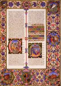 टोबीस की पुस्तक, बोर्सो डी'एस्ट की बाइबिल के खंड I से, तादेदेव क्रिवेली (1425-1479) और अन्य द्वारा प्रकाशित, लैटिन पांडुलिपि 422-423, फोलियो 212, रेक्टो, चर्मपत्र द्वारा तदेदेव क्रिवल्लि