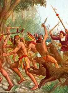 लड़ाई में स्पैनिश द्वारा उपयोग किए जाने वाले कुत्तों द्वारा भारतीयों का पीछा किया जा रहा है द्वारा टेंक्रेडी स्कार्पेलि