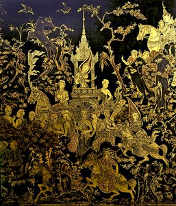 एक स्क्रीन का विवरण, किंवदंती इनाओ (सोना और लाह) का एक एपिसोड दिखा रहा है द्वारा थाई स्कूल