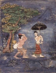 बुजुर्ग ब्राह्मण जुजाका अपनी युवा पत्नी (कपड़े पर पेंटिंग) का पालन करता है द्वारा थाई स्कूल