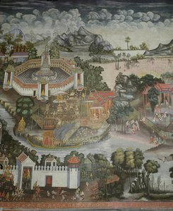 फित्सनुलोक शहर और बुद्ध की प्रतिमाओं के साथ फव्वारा, वाट बूननिवेट विहार, बैंकॉक द्वारा थाई स्कूल