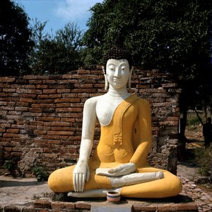 मंदिर के बाहर बुद्ध की एक मूर्ति द्वारा थाई थाई