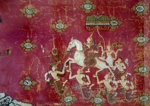 बौद्ध धर्म: "" बुद्ध के जीवन का दृश्य: भव्य प्रस्थान"" थाईलैंड से कैनवास पर एक पेंटिंग का विवरण। सन 1,4x0,9 मीटर पेरिस, मुसी गुइमेट, मुसी नेशनल डेस आर्ट्स एशियाइयों द्वारा थाई थाई