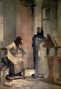 लुई IX (1214-1270), फ्रांस के राजा बनने से पहले, रॉयमोंट के अभय में, विंसेंट डी ब्यूवाइस (1190-1264), डोमिनिकन भाई के साथ गणित का अध्ययन किया। थियोबाल्ड चार्टरन द्वारा पेंटिंग (1849-1907)। पेरिस, ला सोरबोन द्वारा Theobald Chartran