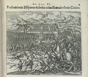 1596 में कुज़्को के द्वार पर स्पेनियों और भारतीयों के बीच लड़ाई द्वारा थिओडोर डी ब्राय
