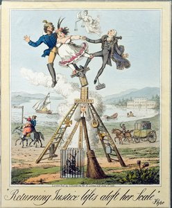 जी। हम्फ्रे, लंदन, 1821 (पेपर पर उत्कीर्णन) द्वारा प्रकाशित रिटर्निंग जस्टिस लिफ्ट्स अलॉफ़्ट हिज़ स्केल द्वारा थियोडोर लेन