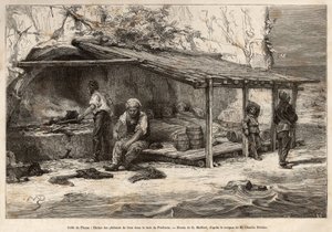 प्रोलुक्का की खाड़ी में एक टूना फिशिंग लॉज, गल्फ ऑफ फ्यूम (या रिजेका, इस्त्रिया), तीन मछुआरे अभी भी सो रहे हैं, कंबल में लिपटे हुए हैं, दूसरा लुकआउट को लैस और बदल देगा, दूसरा किचन तैयार करेगा और मॉस भटक जाएगा पैर ओ