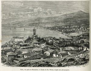 मस्संद्रा से लिया गया याल्टा शहर, जिसे थ वेबर द्वारा चित्रित किया गया था, 1876 में रूस में चार महीने की कहानी को चित्रित करने के लिए, एफ। डी मेली द्वारा। ले टूर डू मोंडे में उत्कीर्णन द्वारा थिओडोर वेबर