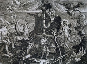 फर्डिनेंड मैगलन (1480-1521) की यात्राओं का रूपक, थियोडोर डी ब्राय द्वारा उत्कीर्ण (1528-1598) द्वारा थियोडोर डी ब्राय