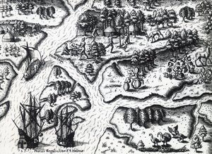 1564 में पोर्ट रॉयल में फ्रेंच का आगमन, थियोडोर डी ब्राय (1528-1598) द्वारा जैक्स ले मोयने डे मुर्गेस (सीए 1533 - 1588 से पहले) की पेंटिंग से, उत्कीर्णन द्वारा थियोडोर डी ब्राय