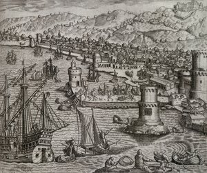 अमेरिका (1541), कैनरी द्वीप समूह की अपनी यात्रा के दौरान लास पालमास के बंदरगाह में गिरोलामो बेंजोनी का आगमन, थियोडोर डी ब्राय द्वारा उत्कीर्ण (1528-1598) द्वारा थियोडोर डी ब्राय