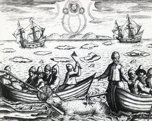 1596 में नॉर्थईस्ट पैसेज की तलाश में विलियम बैरेंट्स (सीए 1550-1597) के नेतृत्व में तीसरे अभियान के दौरान ऑरोरा बोरेलिस और सफेद भालू का शिकार, थियोडोर डी ब्राय (1528-1598) द्वारा, उत्कीर्णन द्वारा थियोडोर डी ब्राय
