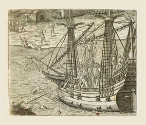 अमेरिका से थियोडोर डी ब्राय (1528-1598) द्वारा उकेरी गई कुछ भारतीयों को कारवेल पर लटकाते हुए बार्टोलोमो डियाज़ द्वारा थियोडोर डी ब्राय