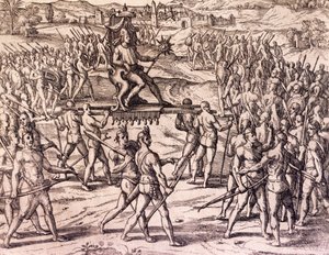 इंका सम्राट अताहुल्पा ने फ्रांसिस्को पिजारो (1475-सीए 1541) स्पेनिश सैनिकों, पेरू से हराया, अमेरिकी इतिहास से उत्कीर्णन द्वारा थियोडोर डी ब्राय (1528-1598), फ्रैंकफर्ट द्वारा थियोडोर डी ब्राय