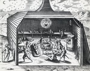 थियोडोर डी ब्राय (1528-1598) द्वारा उत्कीर्णन द्वारा नोवाया ज़ेमल्या के रूसी द्वीपसमूह में विलियम बैरेंट्स का इंटीरियर (सीए 1550-1597) शीतकालीन घर द्वारा थियोडोर डी ब्राय