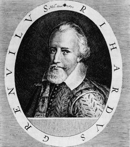 सर रिचर्ड ग्रेनेविले (c.1541-91), जोहान लुडविग गॉटफ्राइड की &39;न्यूवे वर्ल्ड एंड अमेरिकन हिस्ट्री&39; से, मैटेअस मेरियन, फ्रैंकफर्ट, 1631 द्वारा प्रकाशित द्वारा थियोडोर डी ब्राय
