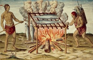 टैनो मूल निवासी मछली पकाते हैं, थियोडोर डी ब्राय द्वारा रंग उत्कीर्णन (1528-1598) जॉन व्हाइट द्वारा पेंटिंग से, वर्जीनिया की नई मिली भूमि की संक्षिप्त और सच्ची रिपोर्ट से द्वारा थियोडोर डी ब्राय