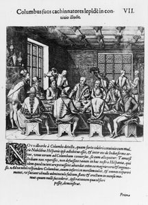 क्रिस्टोफर कोलंबस के अंडे की कहानी (1450-1506) 1585-88 (उत्कीर्णन) (bw फोटो) द्वारा थियोडोर डी ब्राय