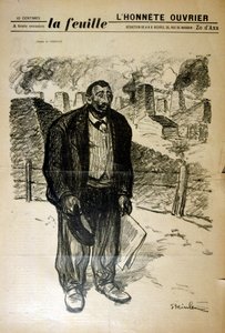 अलेक्जेंड्रे स्टीनलेन (1859-1923), स्विस में जन्मे फ्रांसीसी आर्ट नोव्यू चित्रकार और प्रिंटमेकर द्वारा, एक औद्योगिक परिदृश्य के खिलाफ एक गरीब कारखाने के कर्मचारी का चित्रण द्वारा थियोफाइल एलेक्जेंडर स्टीनलेन