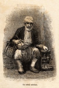 एक कैफे सेल्समैन (कैफेडजी) ट्रेबिजोंडे के बाजार में यात्रा कर रहा है (वर्तमान में ट्रैबज़ोन, काला सागर तट पर), कथाकार द्वारा एक चित्र के बाद उत्कीर्णन, 1869 के लाज़िस्तान और आर्मेनिया की यात्रा का चित्रण, थियोफाइल डेरोल द्वारा प्रकाशित, प्रकाशित में "