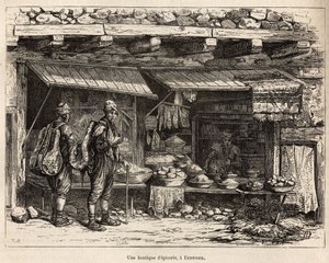 एर्ज़ेरौम (आर्मेनिया) में एक किराने की दुकान, लेखक द्वारा एक चित्र के बाद उकेरी गई, 1869 में थियोफाइल डेरोल्स द्वारा लाज़िस्तान और आर्मेनिया में यात्रा का चित्रण, "" ले टूर डू मोंडे "" 1875 में प्रकाशित, एडौर्ड चार्टन द्वारा संपादित, है