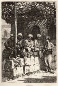 एक अर्मेनियाई कैफे, मर्दानगी का एक स्थान, कॉफी पीने और पाइप धूम्रपान करने के लिए, लेखक द्वारा एक चित्र के बाद उत्कीर्णन, थियोफाइल डेरोल्स द्वारा 1869 में, "ले टूर डू मोंडे" में प्रकाशित, लाज़िस्तान और आर्मेनिया में यात्रा का चित्रण। "" 