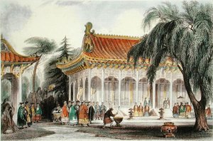 यूएन-मिंग-युआन, पेकिंग के महल में दर्शकों का हॉल, c.1850 (रंग लिथो) द्वारा थॉमस (बाद) अलोम