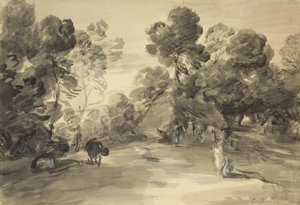 आंकड़े, कुटीर और गाय, c.1785 के साथ जंगली परिदृश्य (कागज पर गौचे के साथ धो और चाक) द्वारा थॉमस (बाद) गेन्सबोरो