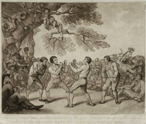 6 मई 1789 को स्टिल्टन, हंटिंगडनशायर में डैनियल मेंडोज़ा और रिचर्ड हम्फ्रीज़ के बीच बॉक्सिंग मैच, जोसेफ ग्रोज़र द्वारा उकेरा गया (c.1755-99) (उत्कीर्णन) द्वारा थॉमस (बाद में) रोलैंडसन