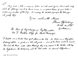 1840 के दशक के अंत में, 1840 के उत्तरार्ध में थॉमस चैट्टरन से होरेस वालपोल के एक पत्र का हिस्सा द्वारा थॉमस चैटरटन