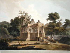 रोटास, बहार के किले में एक प्राचीन हिंदू मंदिर, 'ओरिएंटल सीनरी: ट्वेंटी फोर व्यूज़ इन हिंदोस्तान' से प्लेट 12, 1796 में प्रकाशित (कलर लिथो) द्वारा थॉमस डेनिएल