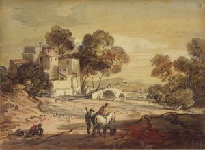 एक घुमावदार सड़क पर यात्रियों के साथ इटालियन लैंडस्केप, 1775-1779 द्वारा थॉमस गेन्सबोरो