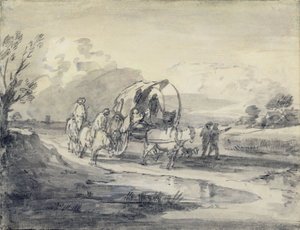 ओपन लैंडस्केप विद हरड्समैन एंड कवर्ड कार्ट, c.1780-85 (ग्रे और ब्लैक वॉश और चॉक पेपर पर रखी गई) द्वारा थॉमस गेन्सबोरो