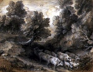 मवेशी और बकरियों के साथ जंगली लैंडस्केप, c.1768-72 (कागज पर काला और सफेद चाक) द्वारा थॉमस गेन्सबोरो