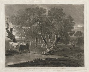 1797 में प्रकाशित एक पूल, आंकड़े और कॉटेज के पास गायों के साथ वुडन लैंडस्केप। द्वारा थॉमस गेन्सबोरो