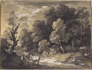 Herdsman and Cattle के साथ वुडेड लैंडस्केप, c.1775-80 (काला चाक और ग्रे-ब्लैक washes, बिछाए गए कागज पर सफेद गॉच के साथ ऊंचा) द्वारा थॉमस गेन्सबोरो