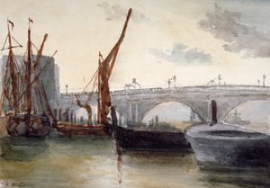 ब्लैकफ्रायर्स ब्रिज का दृश्य, अग्रभूमि में नावों के साथ, लंदन, c1835 द्वारा थॉमस हॉलिस