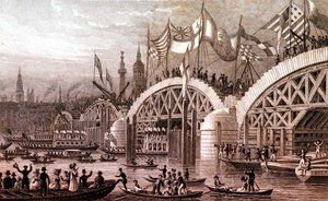थॉमस हिघम (1796-1844) पब द्वारा उकेरा गया, अनफिनिश्ड आर्चेस के नीचे से गुजरते हुए लॉर्ड मेयर के जुलूस के साथ न्यू लंदन ब्रिज। जोन्स एंड कंपनी द्वारा नवंबर 1828 (उत्कीर्णन)