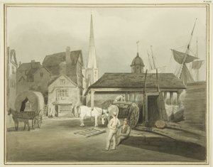 किंग स्ट्रीट का नॉर्थ-ईस्ट एंड, 1802 में वेल्श मार्केट दिखा रहा है (कागज पर पानी के रंग का) द्वारा थॉमस लेसन द एल्डर रौबोथम