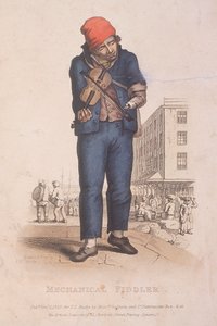 एक प्रोस्थेटिक आर्म के साथ फिडलर, पृष्ठभूमि में एक बाजार के साथ, 1820 द्वारा थॉमस लॉर्ड बुस्बी