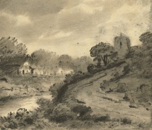 बाएं अग्रभूमि में एक चट्टान के साथ एक जंगली नदी का परिदृश्य, c.1800