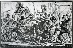 हार्पर के वीकली, 6 अप्रैल 1867 (लकड़ी के उत्कीर्णन) में प्रकाशित सेंट पैट्रिक डे 1867 पर न्यूयॉर्क में दंगों को दर्शाने वाला कार्टून